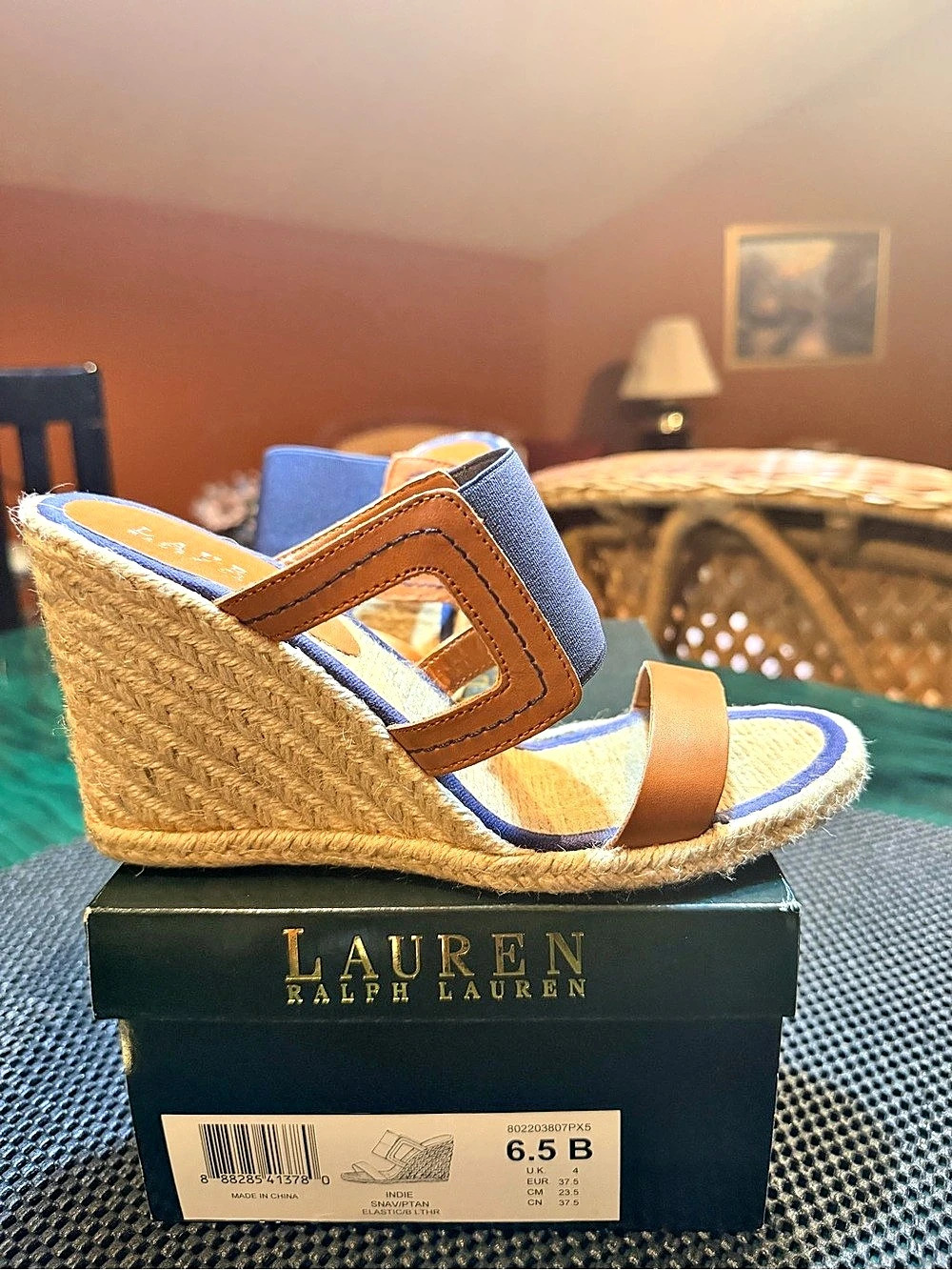 Lauren Ralph Lauren Indie Espadrille Wedge Blue & Brown US 6.5 B